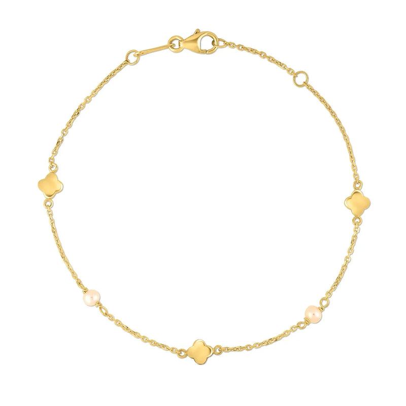 An image displaying 14k Yellow Gold Pearl Clover Bracelet by Orca Market