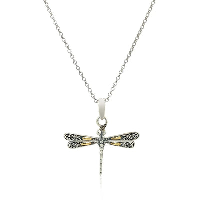 An image displaying 18k Yellow Gold and Sterling Silver Pendant in a Dragonfly Design by Orca Market