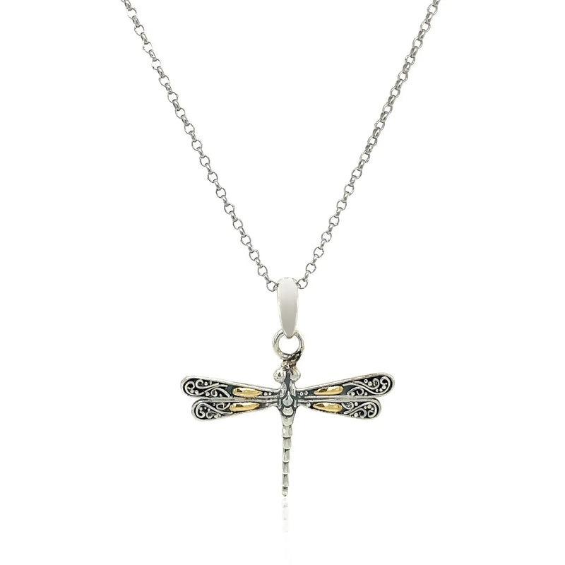 An image displaying 18k Yellow Gold and Sterling Silver Pendant in a Dragonfly Design by Orca Market