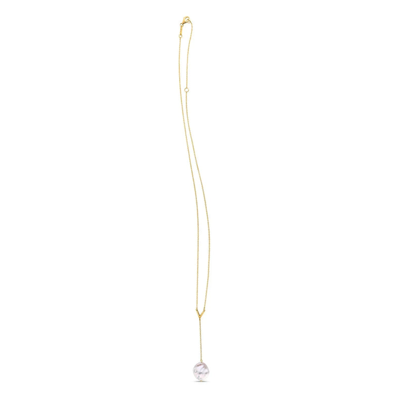 An image displaying 14k Yellow Gold Tesoro Pearl Lariat Necklace by Orca Market