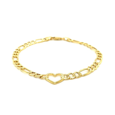 An image displaying 14k Yellow Gold 7 inch Figaro Chain Bracelet with Heart by Orca Market