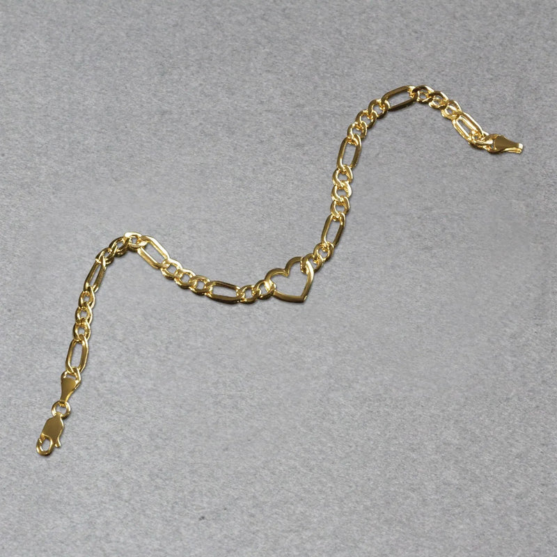 An image displaying 14k Yellow Gold 7 inch Figaro Chain Bracelet with Heart by Orca Market