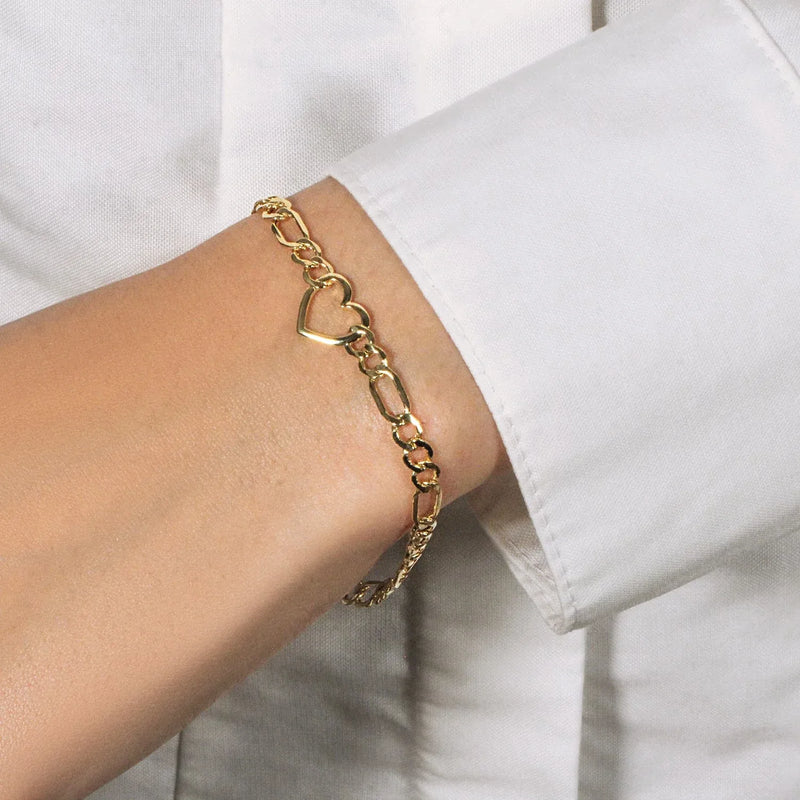 An image displaying 14k Yellow Gold 7 inch Figaro Chain Bracelet with Heart by Orca Market