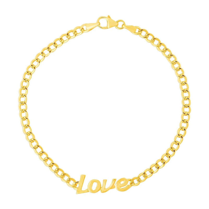 An image displaying 14k Yellow Gold 7 inch Curb Chain Love Bracelet by Orca Market