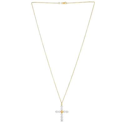 An image displaying 14k Yellow Gold Pearl Cross Pendant by Orca Market