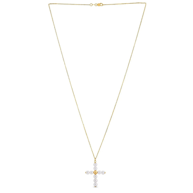 An image displaying 14k Yellow Gold Pearl Cross Pendant by Orca Market