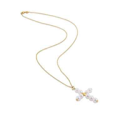 An image displaying 14k Yellow Gold Pearl Cross Pendant by Orca Market
