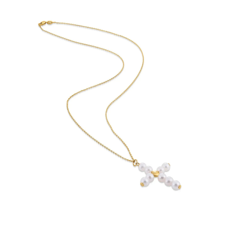 An image displaying 14k Yellow Gold Pearl Cross Pendant by Orca Market