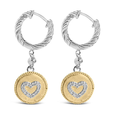 An image displaying 18K Yellow Gold Plated .925 Sterling Silver 1/8 Cttw Diamond Heart Medallion Drop and Dangle Earring (I-J Color, SI1-SI2 Clarity) by Infinite Jewels