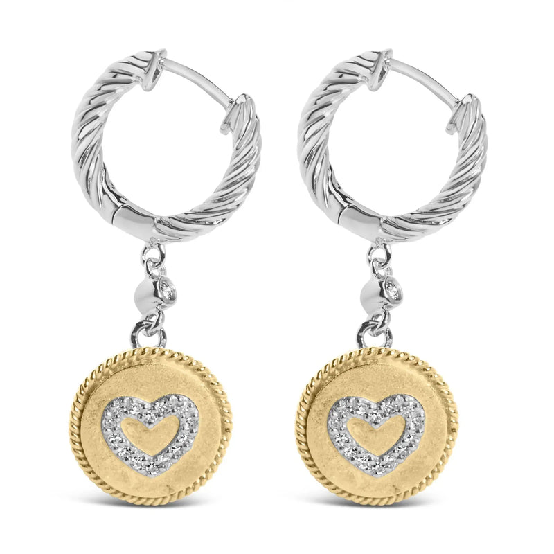 An image displaying 18K Yellow Gold Plated .925 Sterling Silver 1/8 Cttw Diamond Heart Medallion Drop and Dangle Earring (I-J Color, SI1-SI2 Clarity) by Infinite Jewels
