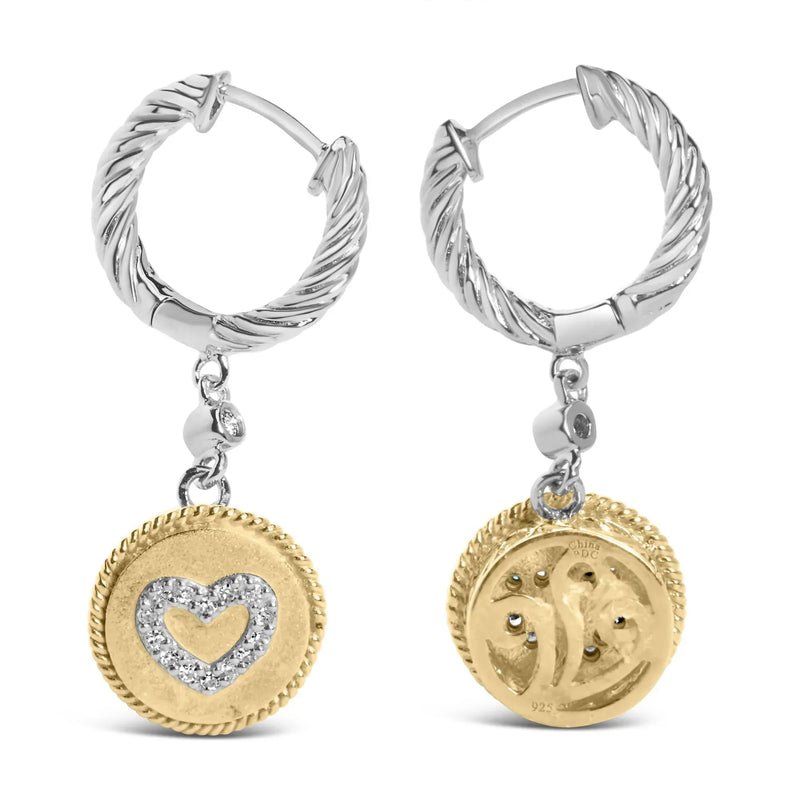 An image displaying 18K Yellow Gold Plated .925 Sterling Silver 1/8 Cttw Diamond Heart Medallion Drop and Dangle Earring (I-J Color, SI1-SI2 Clarity) by Infinite Jewels
