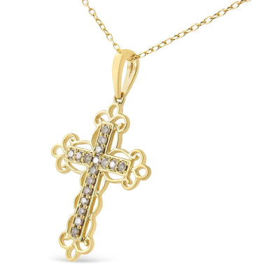 An image displaying 10K Yellow Flashed .925 Sterling Silver 1/4 Cttw Champagne Diamond Filigree Cross Pendant Necklace (K-L Color, I1-I2 Clarity) - 18" by Infinite Jewels