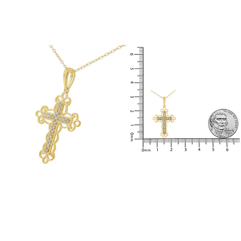 An image displaying 10K Yellow Flashed .925 Sterling Silver 1/4 Cttw Champagne Diamond Filigree Cross Pendant Necklace (K-L Color, I1-I2 Clarity) - 18" by Infinite Jewels
