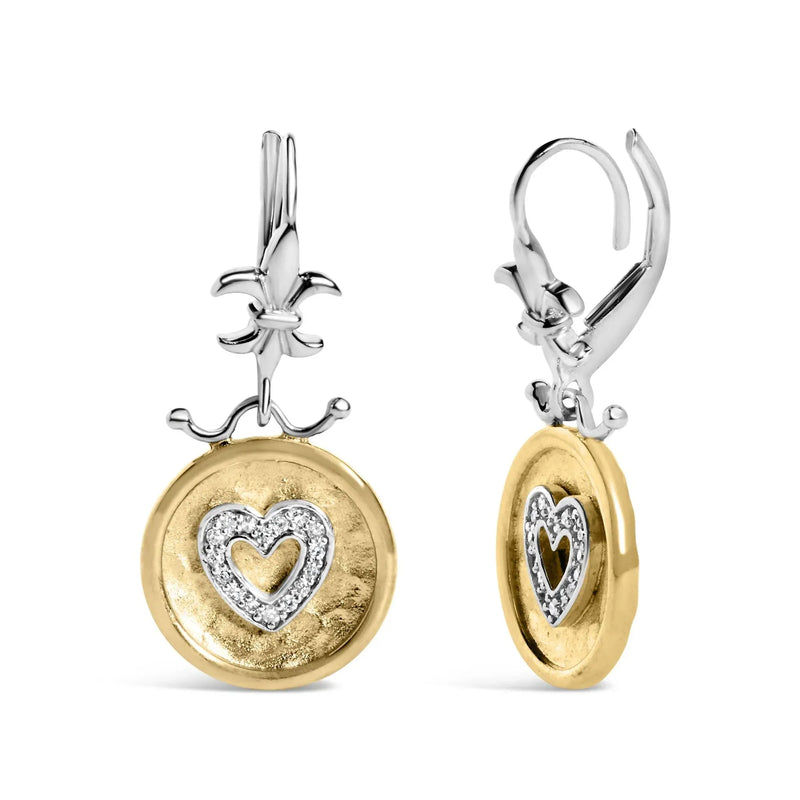 An image displaying 18K Yellow Gold Plated .925 Sterling Silver 1/8 Cttw Diamond Hammered Finished Medallion Heart Drop and Dangle Earrings (I-J Color, SI1-SI2 Clarity) by Infinite Jewels