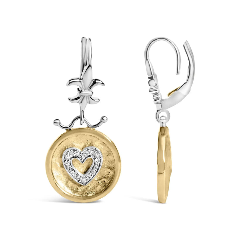 An image displaying 18K Yellow Gold Plated .925 Sterling Silver 1/8 Cttw Diamond Hammered Finished Medallion Heart Drop and Dangle Earrings (I-J Color, SI1-SI2 Clarity) by Infinite Jewels