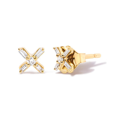 An image displaying 10K Yellow Gold 1/10 Cttw Round and Baguette Diamond Criss Cross X Stud Earring (H-I Color, I1-I2 Clarity) by Infinite Jewels