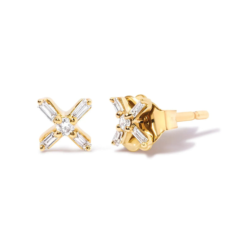 An image displaying 10K Yellow Gold 1/10 Cttw Round and Baguette Diamond Criss Cross X Stud Earring (H-I Color, I1-I2 Clarity) by Infinite Jewels