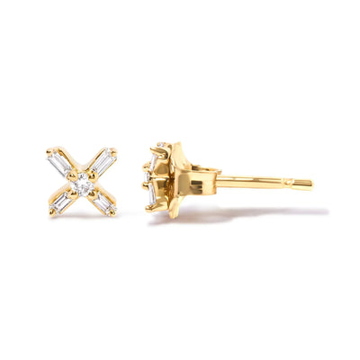 An image displaying 10K Yellow Gold 1/10 Cttw Round and Baguette Diamond Criss Cross X Stud Earring (H-I Color, I1-I2 Clarity) by Infinite Jewels