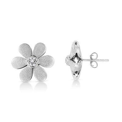 An image displaying Matte Finished .925 Sterling Silver Diamond Accent Flower Hoop Stud Earring (I-J Color, I1-I2 Clarity) by Infinite Jewels