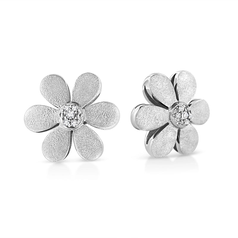 An image displaying Matte Finished .925 Sterling Silver Diamond Accent Flower Hoop Stud Earring (I-J Color, I1-I2 Clarity) by Infinite Jewels