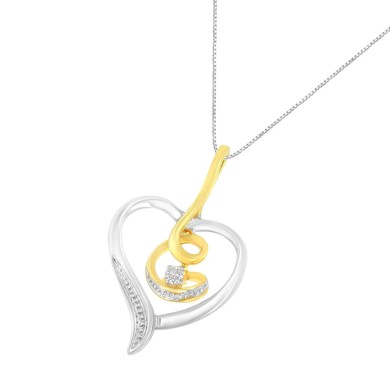 An image displaying Espira 10K Two-Tone Yellow & White Gold .03 Cttw Diamond-Accented Round-Cut Diamond Swirl Open Heart 18" Pendant Necklace (I-J Color, I2-I3 Clarity) by Infinite Jewels