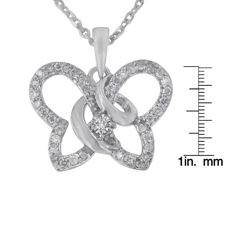 An image displaying .925 Sterling Silver 1/4 cttw Prong-Set Diamond Butterfly 18" Pendant Necklace (H-I Color, I1-I2 Clarity) by Infinite Jewels