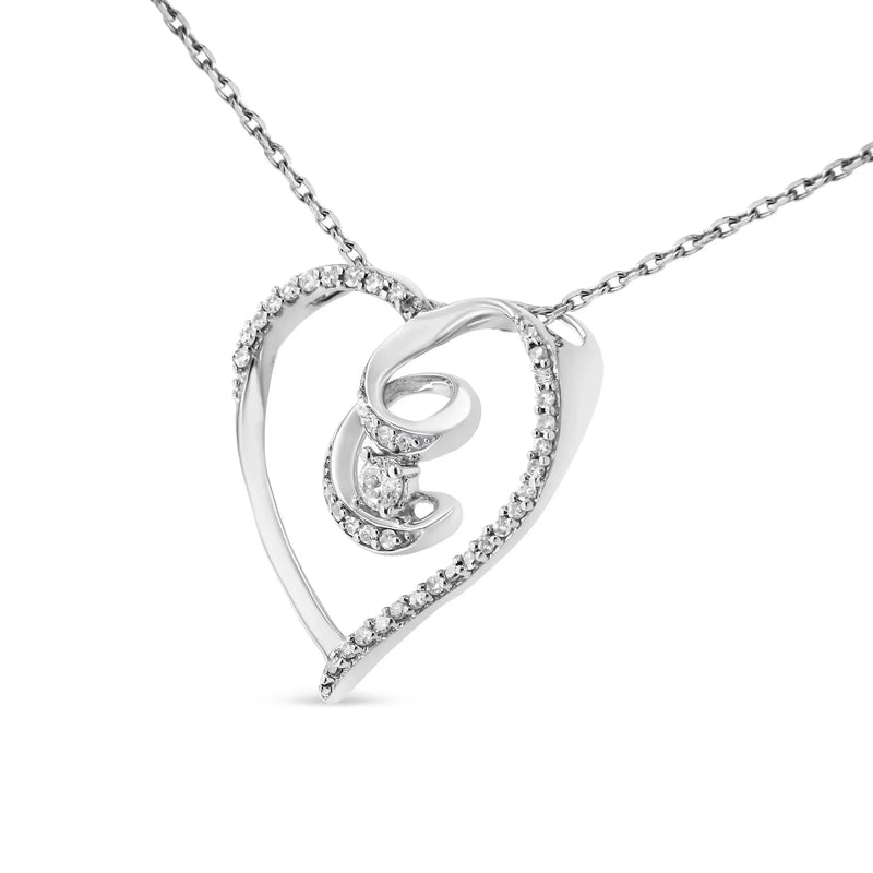 An image displaying .925 Sterling Silver 1/4 Cttw Brilliant-Cut Diamond Open Heart Twisted Awareness Ribbon 18" Pendant Necklace (H-I Color, I1-I2 Clarity) by Infinite Jewels