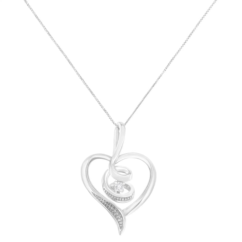 An image displaying Espira 10K White Gold .03 Cttw Diamond-Accented Round-Cut Diamond Swirl Open Heart 18" Pendant Necklace (I-J Color, I2-I3 Clarity) by Infinite Jewels