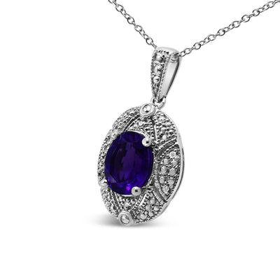 An image displaying .925 Sterling Silver Diamond Accent and 9x7mm Purple Oval Amethyst Gemstone Pendant 18" Necklace (I-J Color, I1-I2 Clarity) by Infinite Jewels