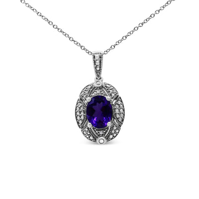 An image displaying .925 Sterling Silver Diamond Accent and 9x7mm Purple Oval Amethyst Gemstone Pendant 18" Necklace (I-J Color, I1-I2 Clarity) by Infinite Jewels
