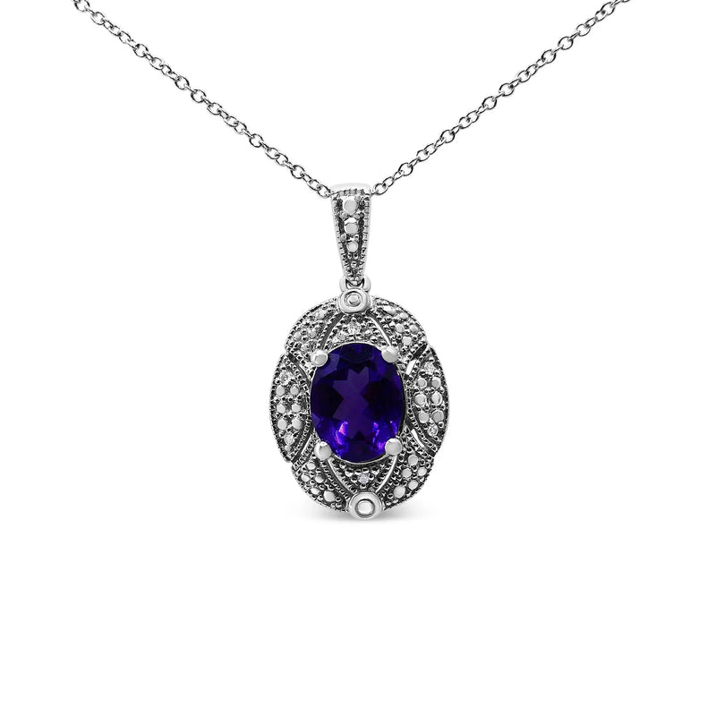 An image displaying .925 Sterling Silver Diamond Accent and 9x7mm Purple Oval Amethyst Gemstone Pendant 18" Necklace (I-J Color, I1-I2 Clarity) by Infinite Jewels