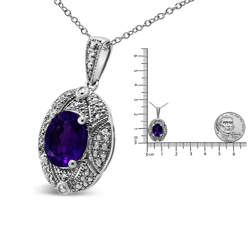 An image displaying .925 Sterling Silver Diamond Accent and 9x7mm Purple Oval Amethyst Gemstone Pendant 18" Necklace (I-J Color, I1-I2 Clarity) by Infinite Jewels