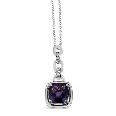 An image displaying .925 Sterling Silver 6x6MM Cushion Shaped Natural Purple Amethyst and Diamond Accented Bale 18" Inch Pendant Necklace (I-J Color, I1-I2 Clarity) by Infinite Jewels