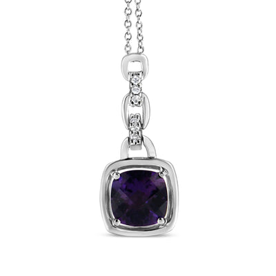 An image displaying .925 Sterling Silver 6x6MM Cushion Shaped Natural Purple Amethyst and Diamond Accented Bale 18" Inch Pendant Necklace (I-J Color, I1-I2 Clarity) by Infinite Jewels
