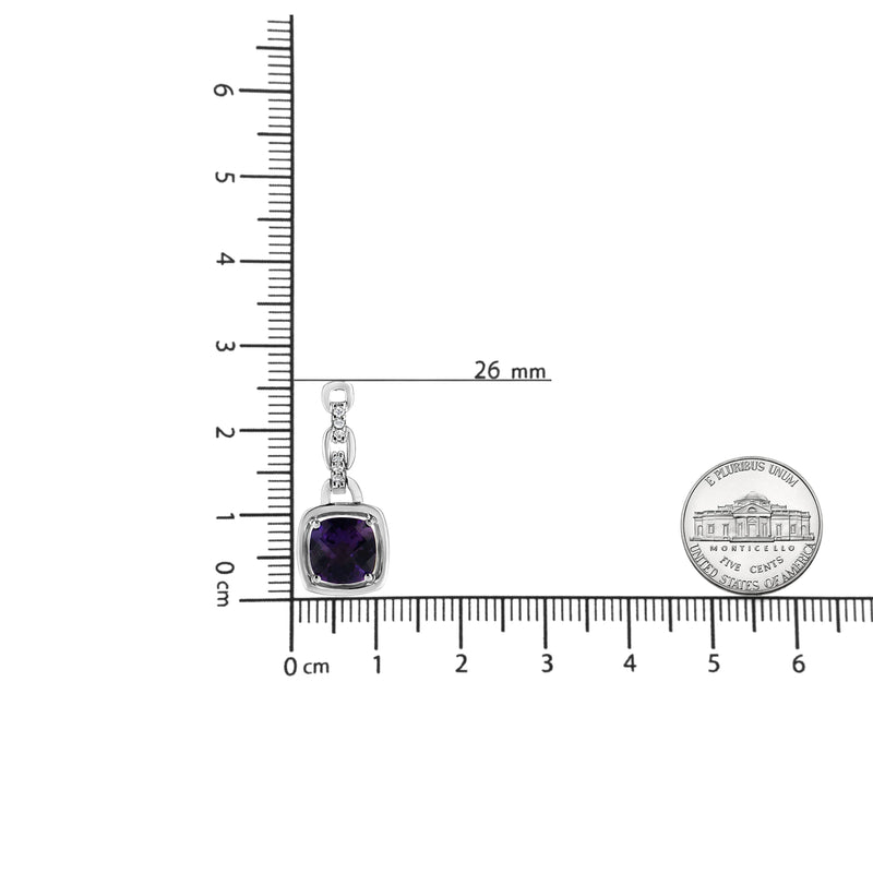 An image displaying .925 Sterling Silver 6x6MM Cushion Shaped Natural Purple Amethyst and Diamond Accented Bale 18" Inch Pendant Necklace (I-J Color, I1-I2 Clarity) by Infinite Jewels