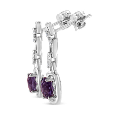 An image displaying .925 Sterling Silver 6x6MM Cushion Shaped Natural Purple Amethyst and Diamond Accent Drop and Dangle Earrings (I-J Color, I1-I2 Clarity) by Infinite Jewels