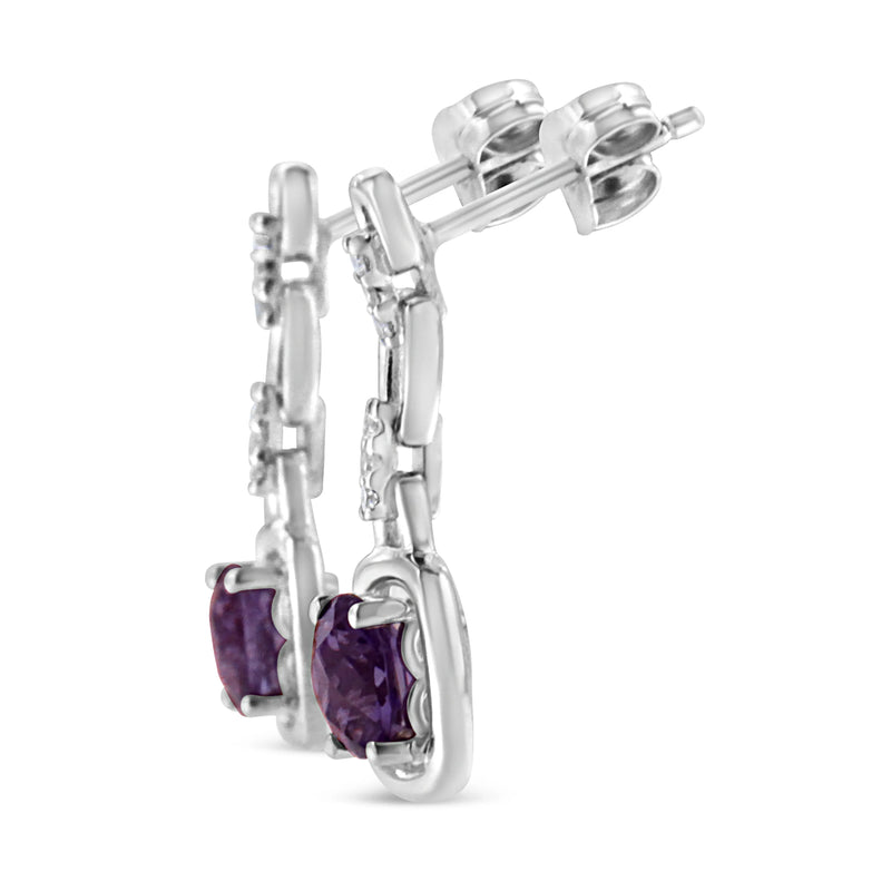 An image displaying .925 Sterling Silver 6x6MM Cushion Shaped Natural Purple Amethyst and Diamond Accent Drop and Dangle Earrings (I-J Color, I1-I2 Clarity) by Infinite Jewels