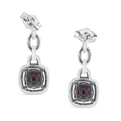 An image displaying .925 Sterling Silver 6x6MM Cushion Shaped Natural Purple Amethyst and Diamond Accent Drop and Dangle Earrings (I-J Color, I1-I2 Clarity) by Infinite Jewels