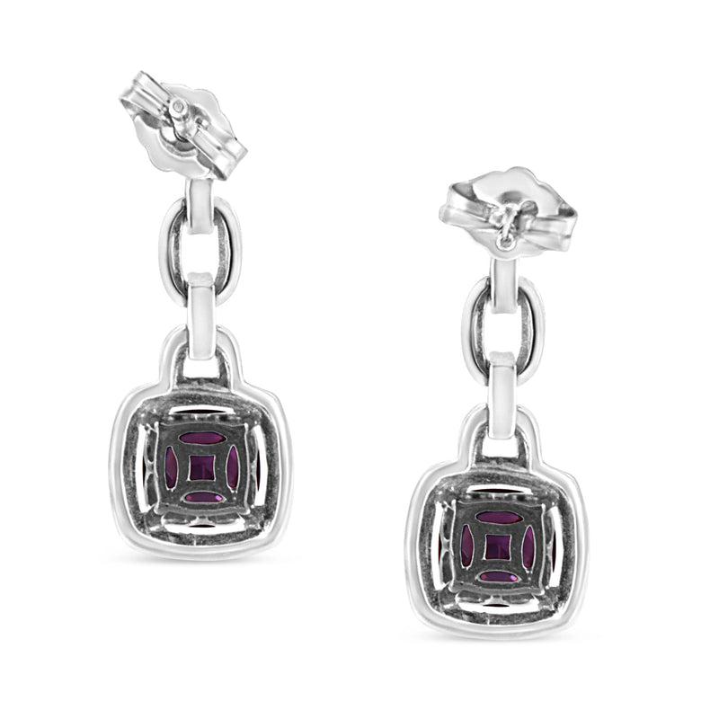 An image displaying .925 Sterling Silver 6x6MM Cushion Shaped Natural Purple Amethyst and Diamond Accent Drop and Dangle Earrings (I-J Color, I1-I2 Clarity) by Infinite Jewels