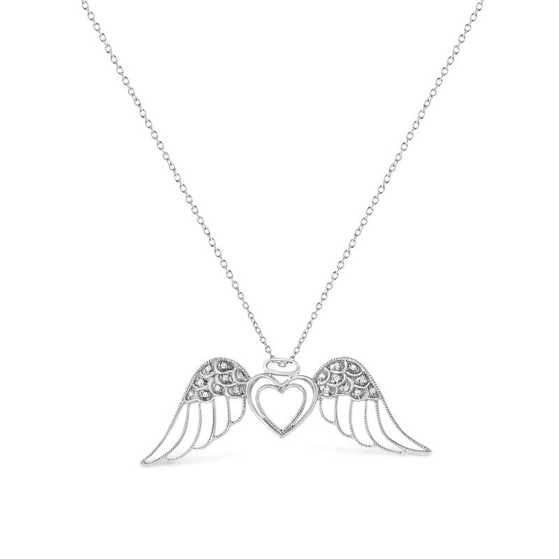 An image displaying .925 Sterling Silver Pave-Set Diamond Accent Angel Wing 18" Double Heart Pendant Necklace (I-J Color, I1-I2 Clarity) by Infinite Jewels