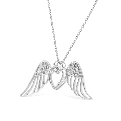 An image displaying .925 Sterling Silver Pave-Set Diamond Accent Angel Wing 18" Double Heart Pendant Necklace (I-J Color, I1-I2 Clarity) by Infinite Jewels