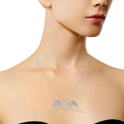 An image displaying .925 Sterling Silver Pave-Set Diamond Accent Angel Wing 18" Double Heart Pendant Necklace (I-J Color, I1-I2 Clarity) by Infinite Jewels
