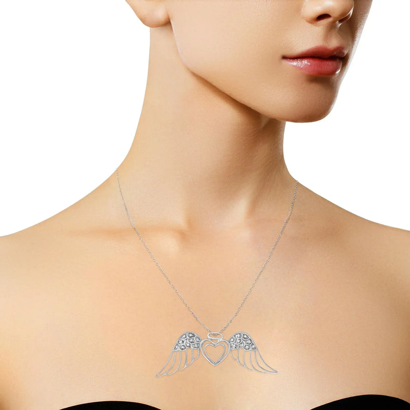 An image displaying .925 Sterling Silver Pave-Set Diamond Accent Angel Wing 18" Double Heart Pendant Necklace (I-J Color, I1-I2 Clarity) by Infinite Jewels