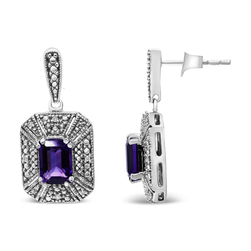 An image displaying .925 Sterling Silver Diamond Accent and 7x5mm Purple Amethyst Stud Earrings (I-J Color, I2-I3 Clarity) by Infinite Jewels