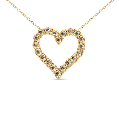 An image displaying 10K Yellow Gold Flashed .925 Sterling Silver 1/2 Cttw Champagne Diamond Miracle Plate Heart Pendant Necklace (K-L Color, I1-I2 Clarity) - 18" by Infinite Jewels