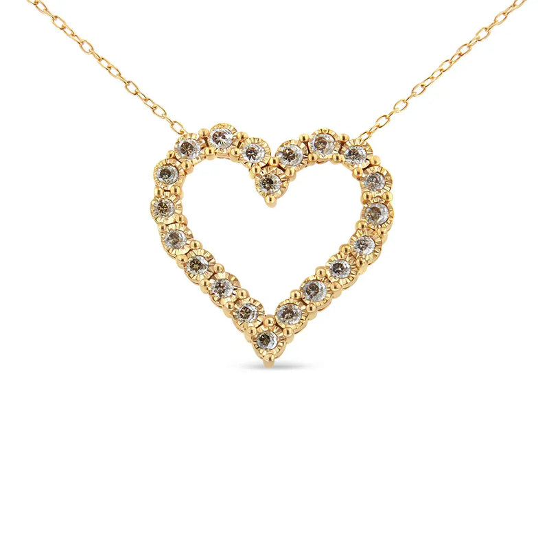 An image displaying 10K Yellow Gold Flashed .925 Sterling Silver 1/2 Cttw Champagne Diamond Miracle Plate Heart Pendant Necklace (K-L Color, I1-I2 Clarity) - 18" by Infinite Jewels