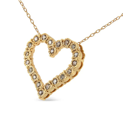 An image displaying 10K Yellow Gold Flashed .925 Sterling Silver 1/2 Cttw Champagne Diamond Miracle Plate Heart Pendant Necklace (K-L Color, I1-I2 Clarity) - 18" by Infinite Jewels