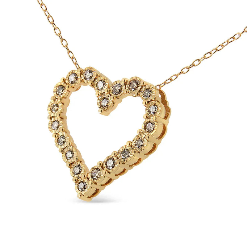 An image displaying 10K Yellow Gold Flashed .925 Sterling Silver 1/2 Cttw Champagne Diamond Miracle Plate Heart Pendant Necklace (K-L Color, I1-I2 Clarity) - 18" by Infinite Jewels