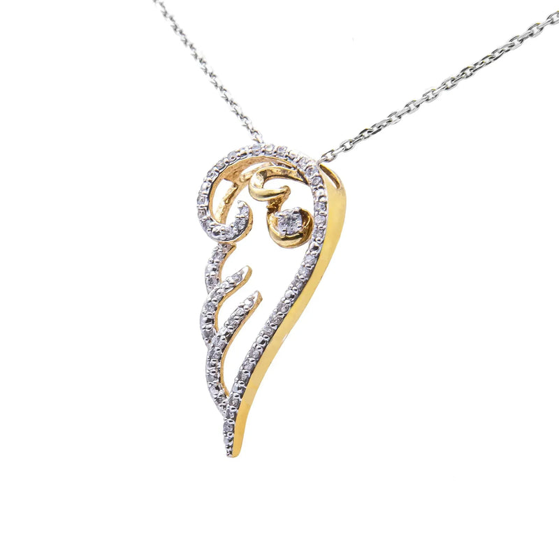 An image displaying 10K Yellow Gold over .925 Sterling Silver 1/4 Cttw Diamond Angel Wing 18" Pendant Necklace (H-I Color, I1-I2 Clarity) by Infinite Jewels