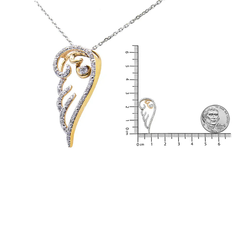 An image displaying 10K Yellow Gold over .925 Sterling Silver 1/4 Cttw Diamond Angel Wing 18" Pendant Necklace (H-I Color, I1-I2 Clarity) by Infinite Jewels